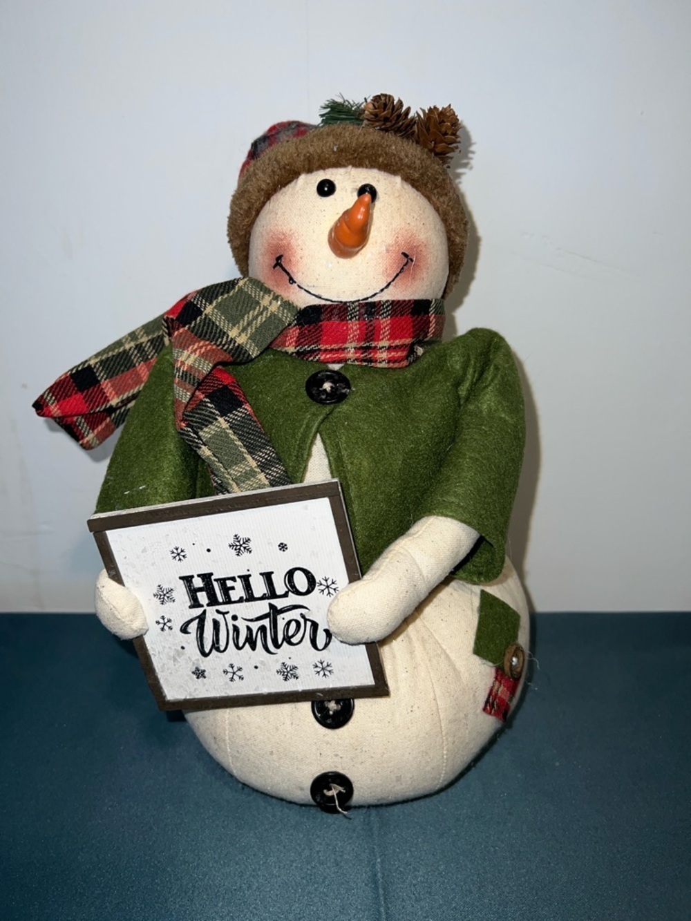 Audrey Plush Burlap Green and Cream Snowman with Plaid Scarf Holiday Accent